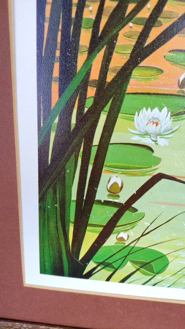 Roger Preuss Signed Framed Largemouth Bass Lily Pond Wildlife Print - 4