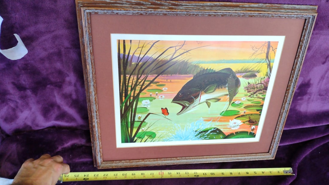Roger Preuss Signed Framed Largemouth Bass Lily Pond Wildlife Print - 5