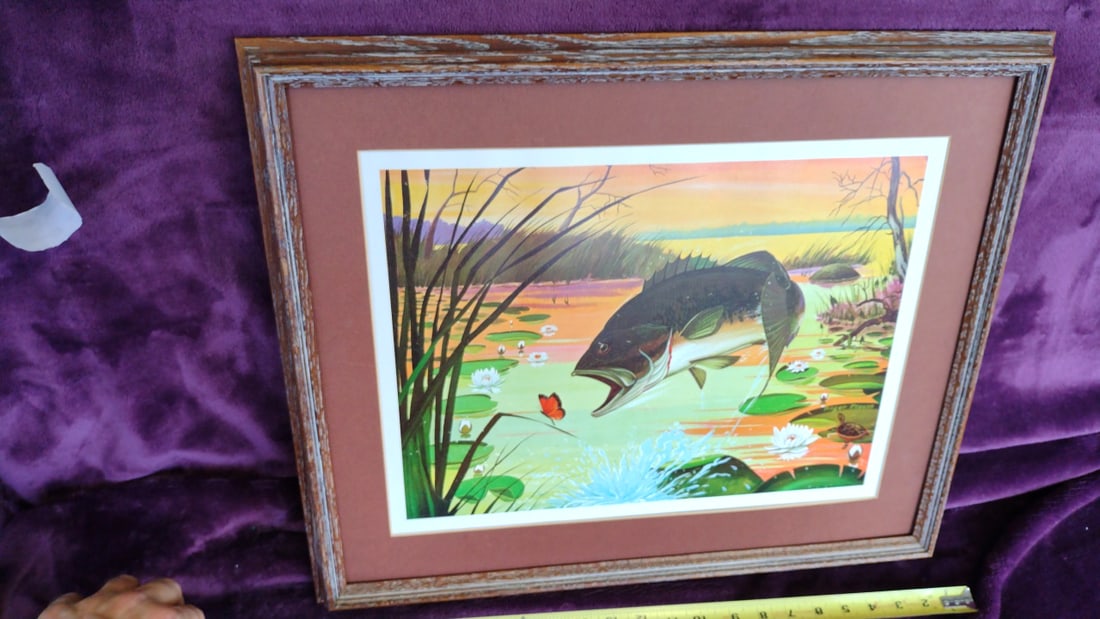 Roger Preuss Signed Framed Largemouth Bass Lily Pond Wildlife Print - 7