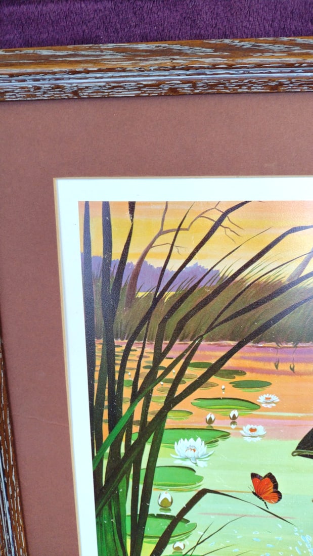 Roger Preuss Signed Framed Largemouth Bass Lily Pond Wildlife Print - 8