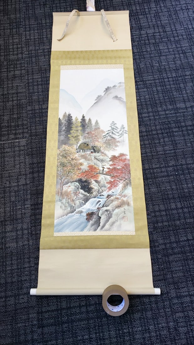 Japanese Kakejiku Hanging Scroll Landscape Painting, Thatched Houses & Waterfall, Signed: 22 x 70 x 1 1.2 lb Low Estimate: 35.00 High Estimate: 200.00