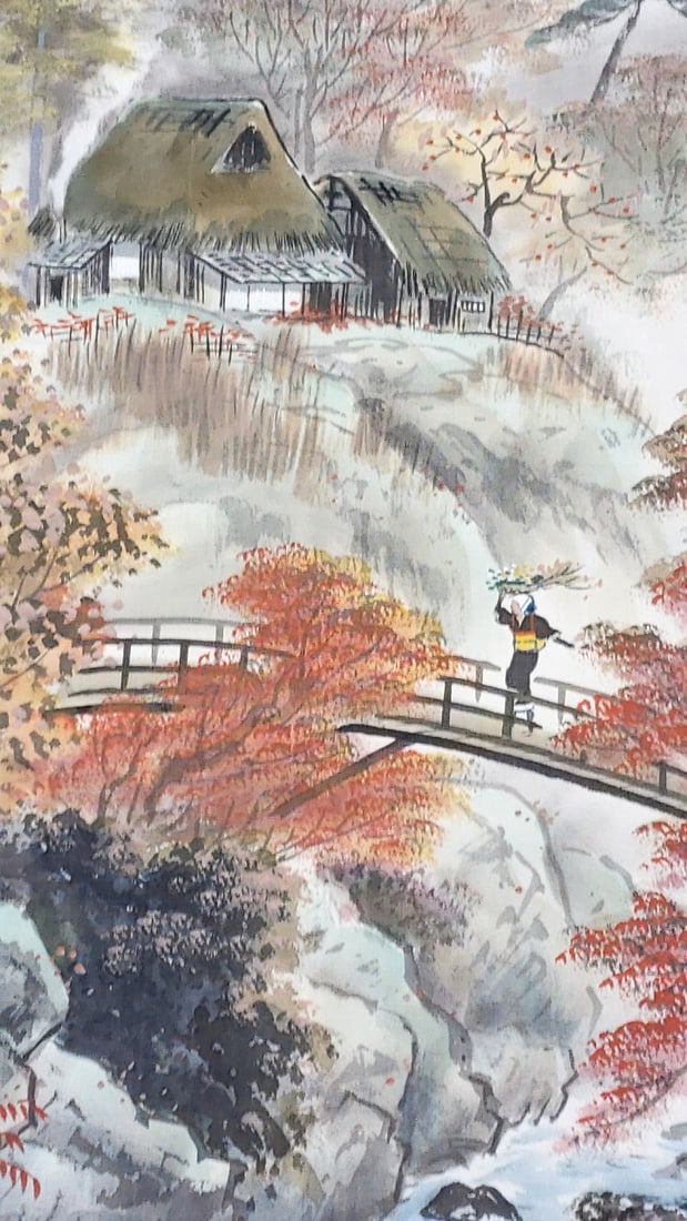 Japanese Kakejiku Hanging Scroll Landscape Painting, Thatched Houses & Waterfall, Signed - 3