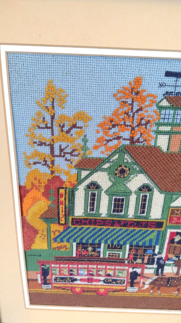 Framed Needlepoint Embroidery Victorian Storefronts Horse-Drawn Trolley Wall Art - 2