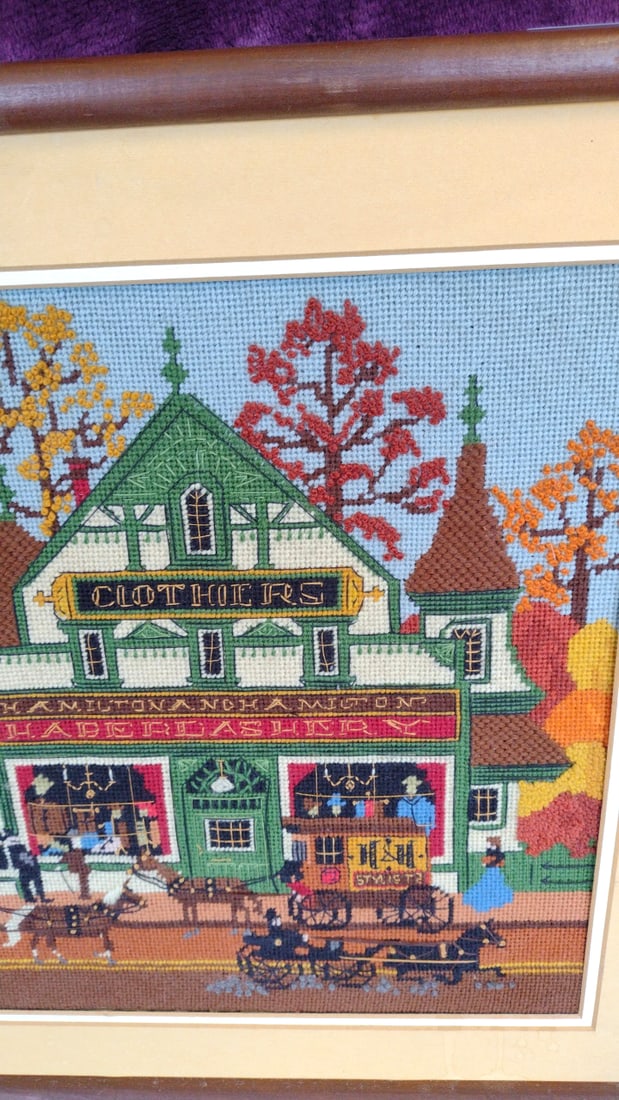Framed Needlepoint Embroidery Victorian Storefronts Horse-Drawn Trolley Wall Art - 3