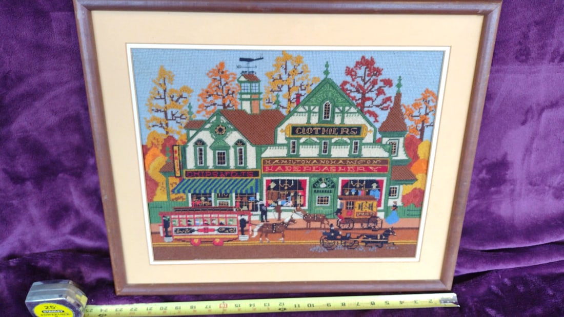 Framed Needlepoint Embroidery Victorian Storefronts Horse-Drawn Trolley Wall Art - 4