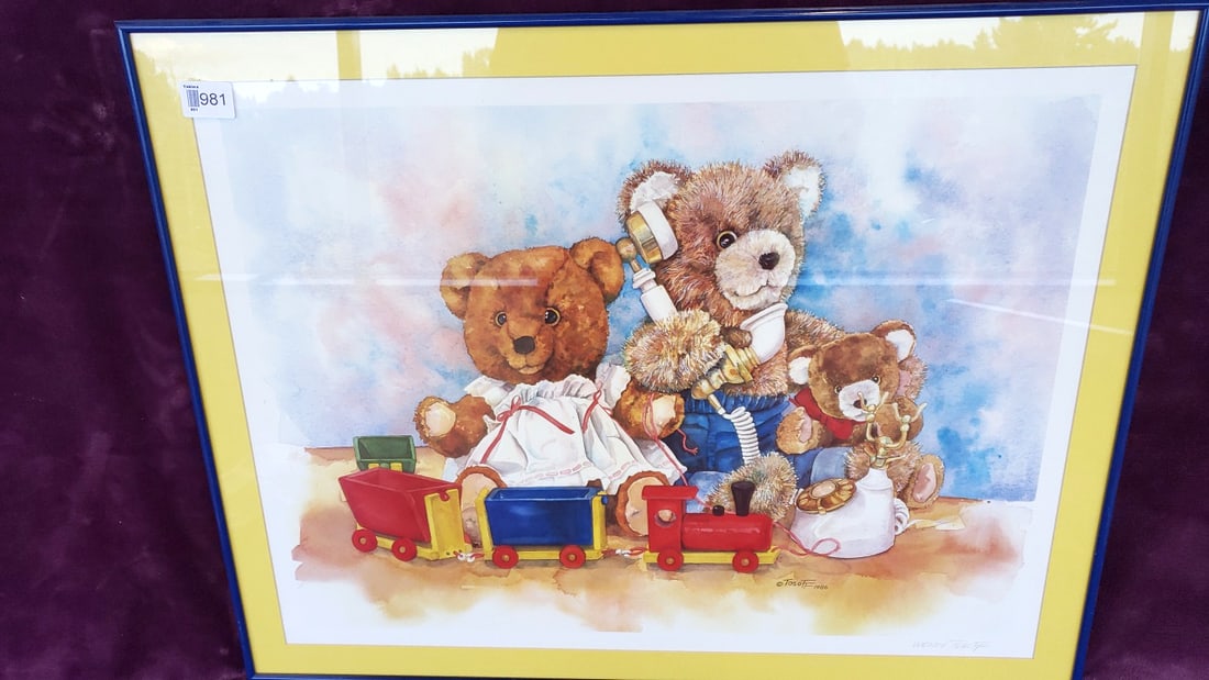 Wendy Tosoff 1986 Teddy Bears with Toy Train & Telephone Framed Print, Yellow Mat Blue Frame: Signed 42 x 26 x 1 15 lb Low Estimate: 10.00 High Estimate: 35.00