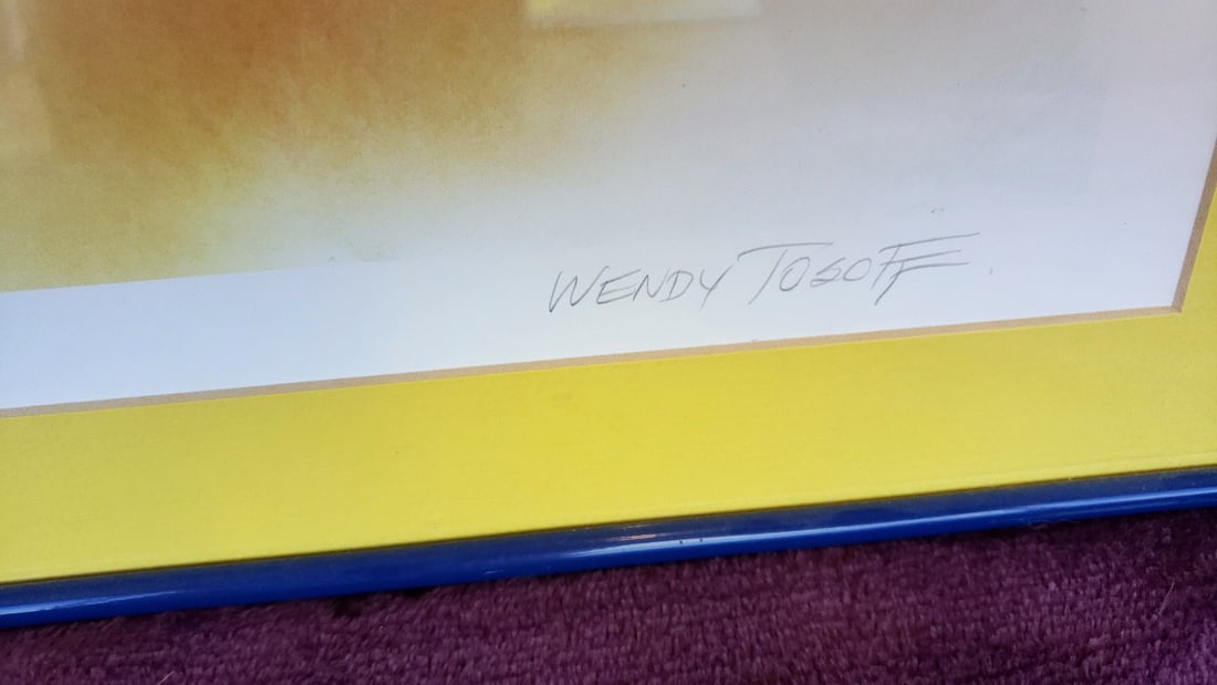 Wendy Tosoff 1986 Teddy Bears with Toy Train & Telephone Framed Print, Yellow Mat Blue Frame - 3