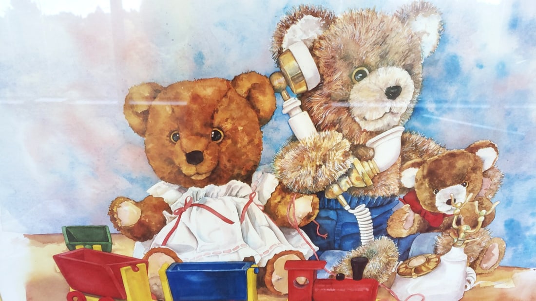 Wendy Tosoff 1986 Teddy Bears with Toy Train & Telephone Framed Print, Yellow Mat Blue Frame - 4