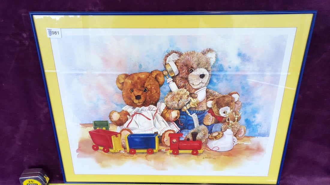 Wendy Tosoff 1986 Teddy Bears with Toy Train & Telephone Framed Print, Yellow Mat Blue Frame - 5
