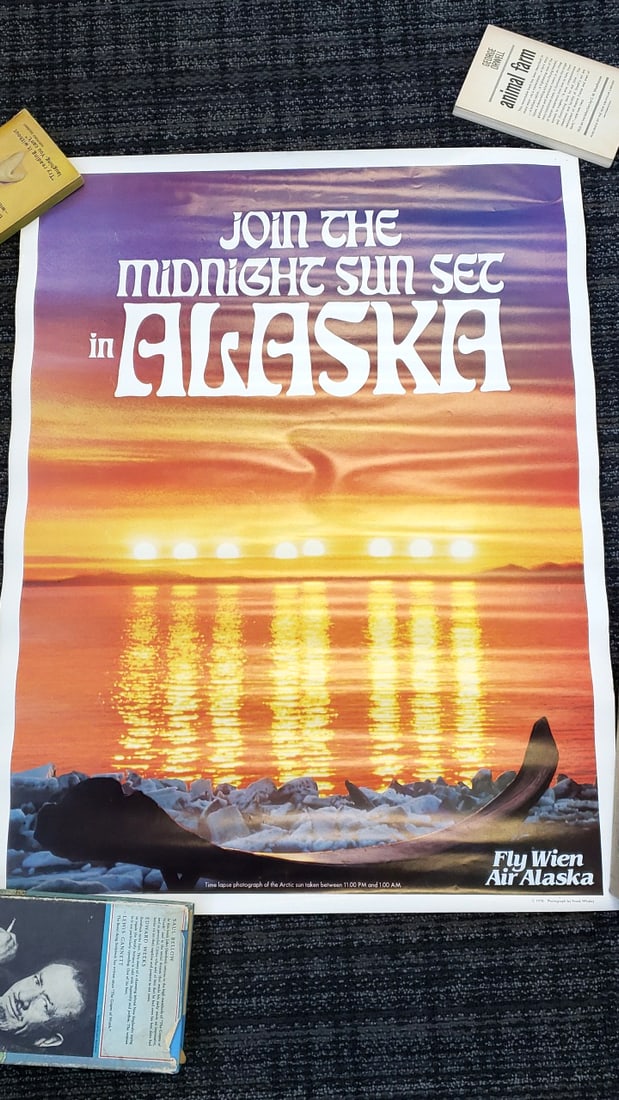 1970 Wien Air Alaska "Join the Midnight Sun Set" Alaska Travel Poster Frank Whaley: Pin holes, no major condition issues 20 x 30 x 0.01 0.15 lb Low Estimate: 100.00 High Estimate: 400.00