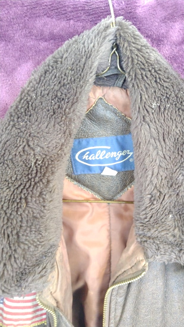 Challenger Brown Leather Bomber Jacket with Faux Fur Collar and Air Force Patches - 2