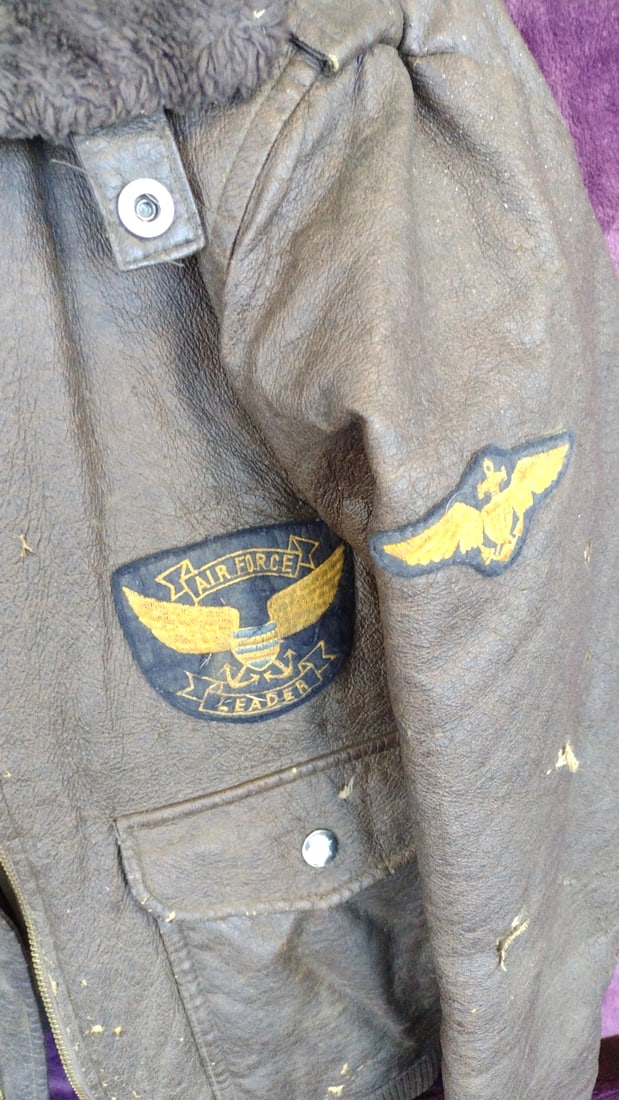 Challenger Brown Leather Bomber Jacket with Faux Fur Collar and Air Force Patches - 3
