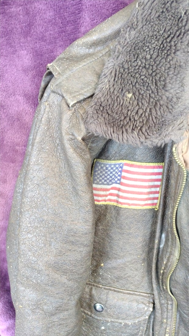 Challenger Brown Leather Bomber Jacket with Faux Fur Collar and Air Force Patches - 4