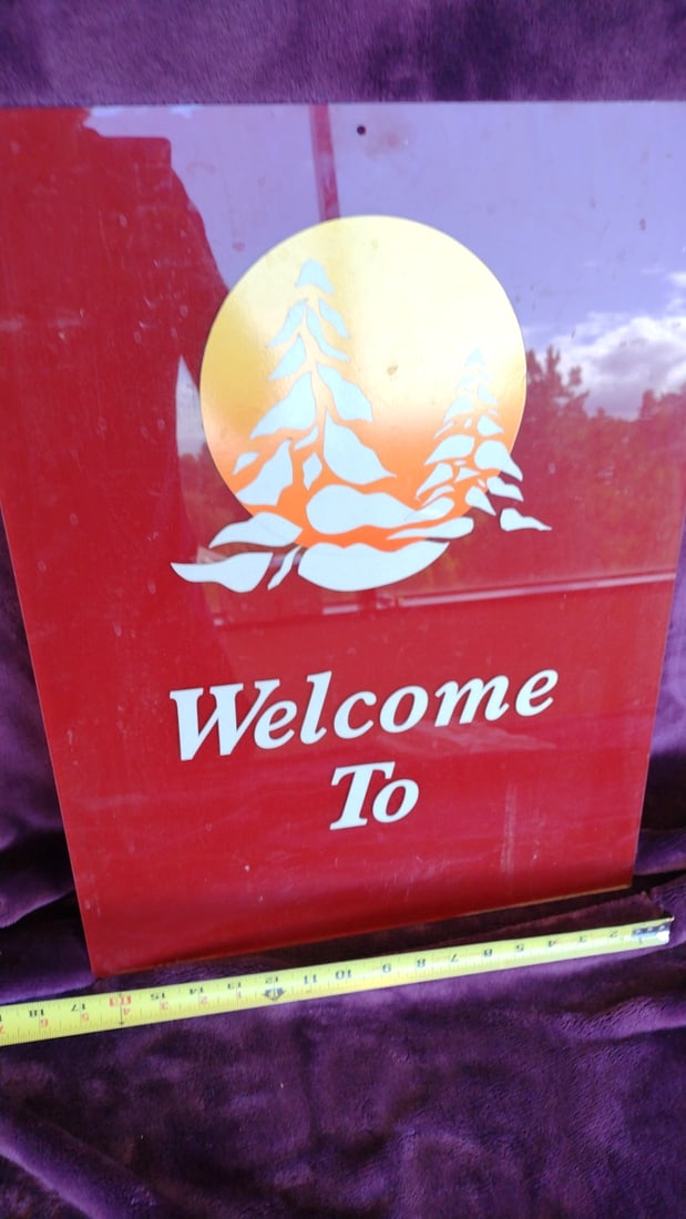 Red Acrylic "Welcome To" Sign with Pine Trees and Sunset Graphic - 3