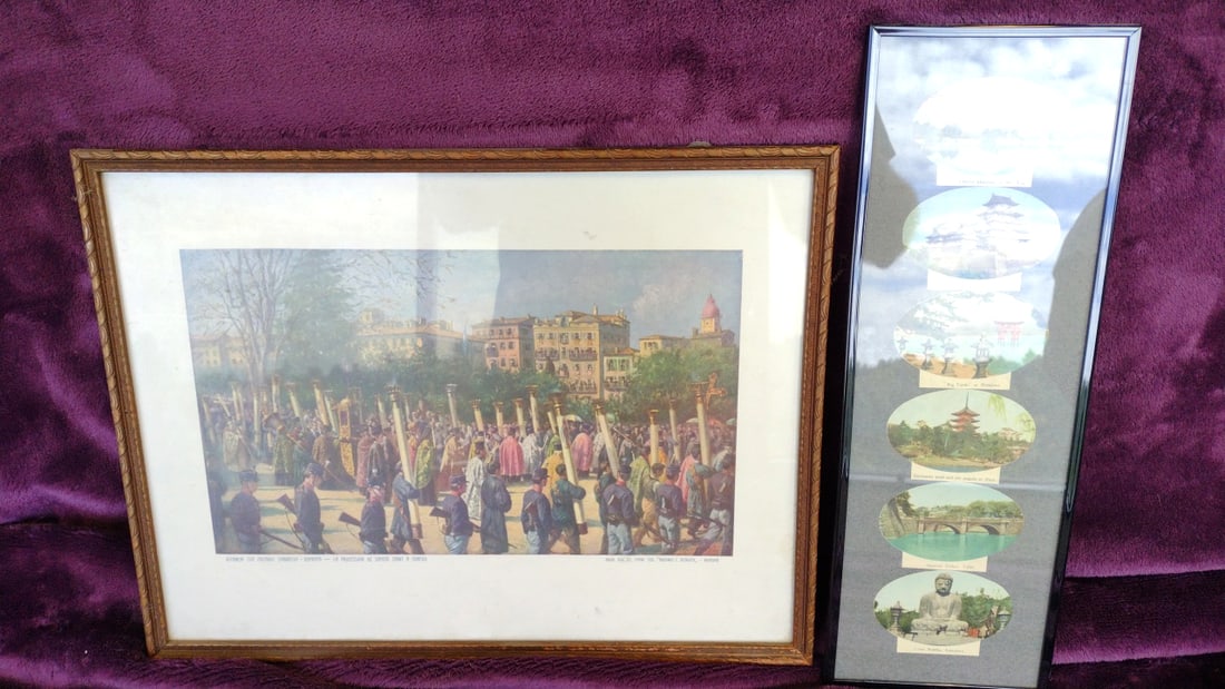 Aspioti Brothers Framed Corfu Holy Saturday Procession Print & Japanese Scenic Prints: 22.5 x 13 x 1 4 lb Low Estimate: 25.00 High Estimate: 150.00