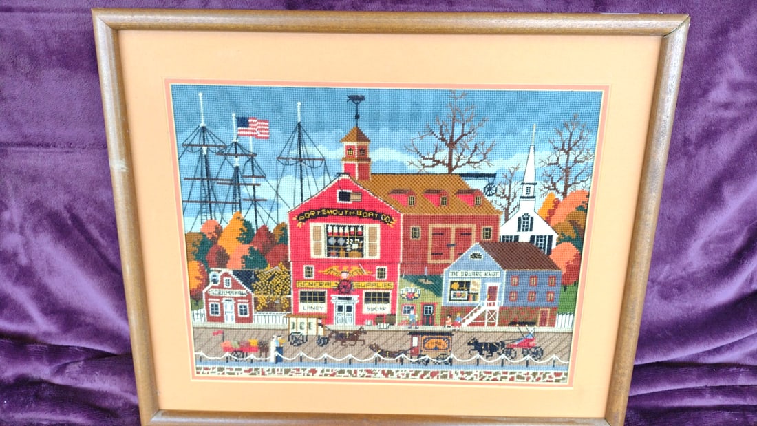 Framed Needlepoint Nautical Harbor Scene, Portsmouth Boat Co, Wood Frame: 24 x 17 x 1.5 5 lb Low Estimate: 15.00 High Estimate: 120.00