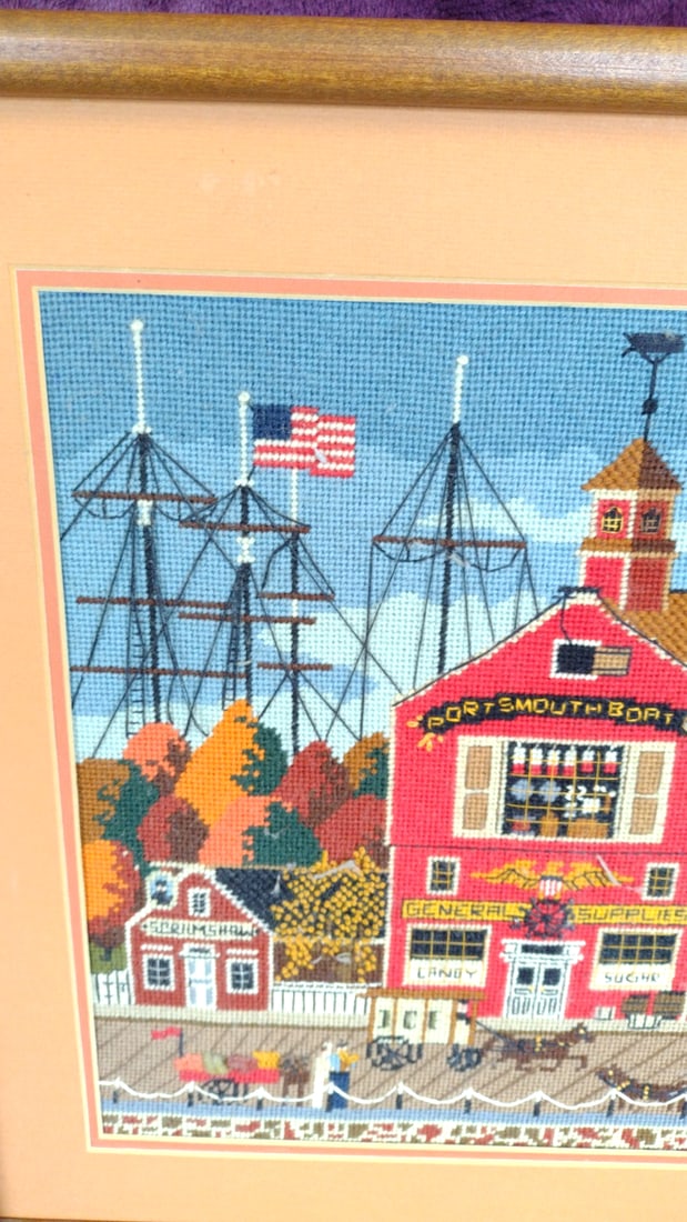 Framed Needlepoint Nautical Harbor Scene, Portsmouth Boat Co, Wood Frame - 2