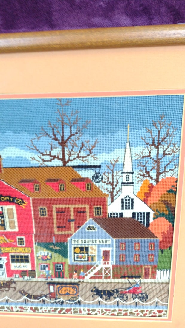 Framed Needlepoint Nautical Harbor Scene, Portsmouth Boat Co, Wood Frame - 3