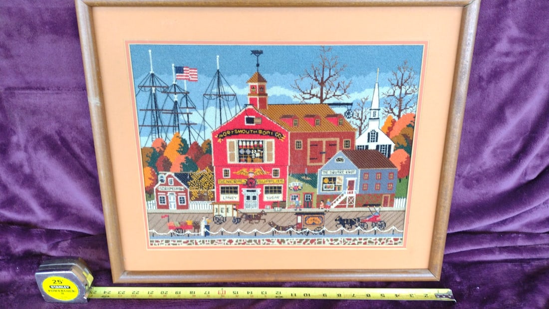 Framed Needlepoint Nautical Harbor Scene, Portsmouth Boat Co, Wood Frame - 4