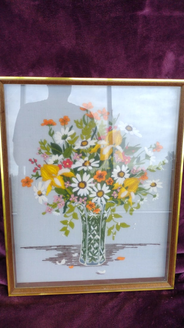 Framed Floral Bouquet Embroidery Wall Art in Vase, Wood/Gold Tone Frame: 17 x 21 x 1 4.5 lb Low Estimate: 12.00 High Estimate: 45.00