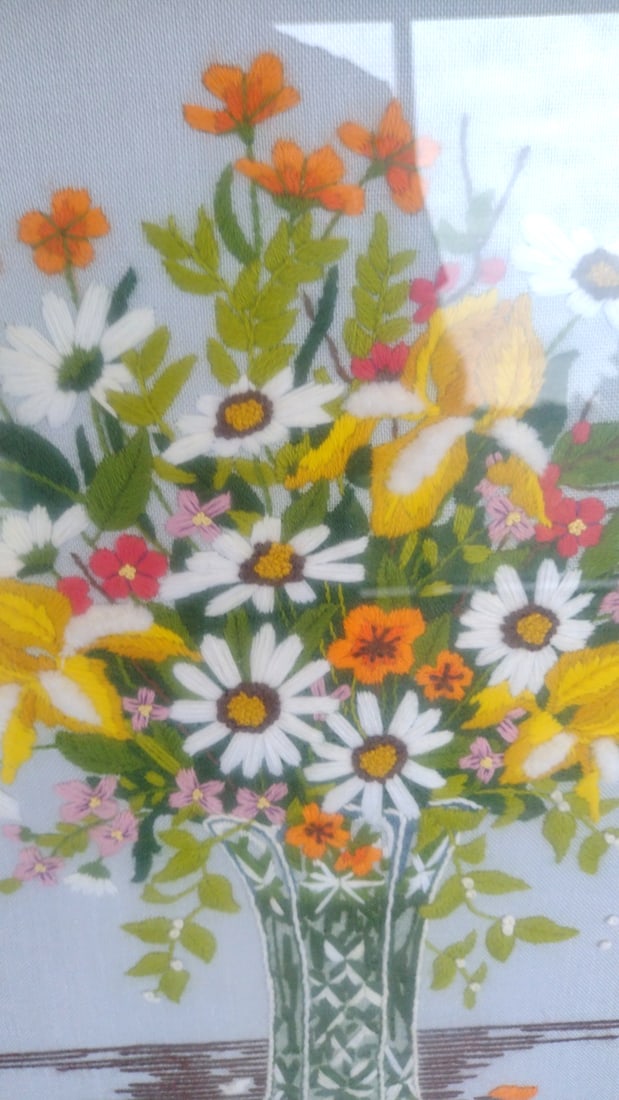 Framed Floral Bouquet Embroidery Wall Art in Vase, Wood/Gold Tone Frame - 2