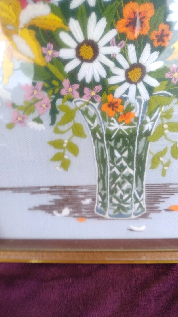 Framed Floral Bouquet Embroidery Wall Art in Vase, Wood/Gold Tone Frame - 3