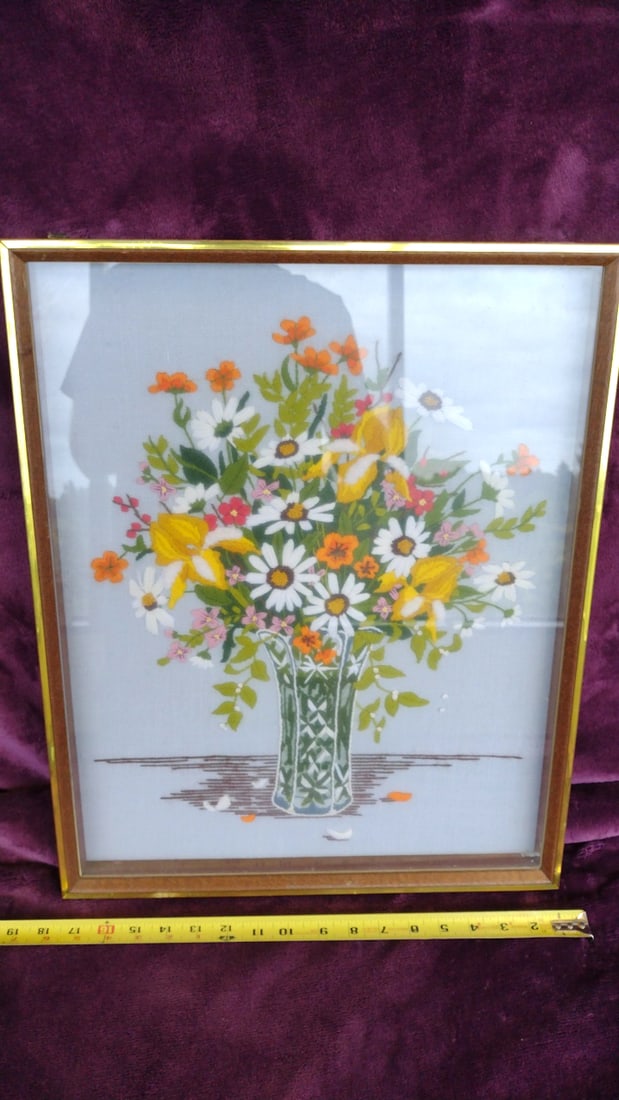 Framed Floral Bouquet Embroidery Wall Art in Vase, Wood/Gold Tone Frame - 4