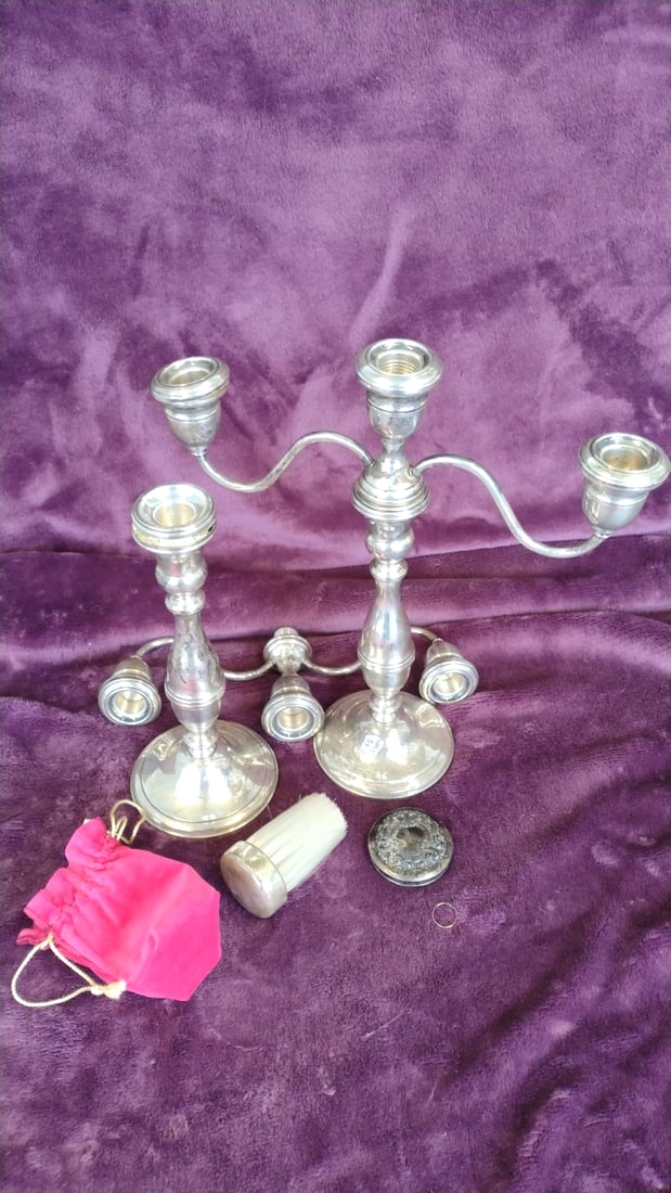 Sterling Silver Scrap Lot Weighted Convertible Candelabra And More: 16 x 13 x 8 5 lb Low Estimate: 150.00 High Estimate: 275.00