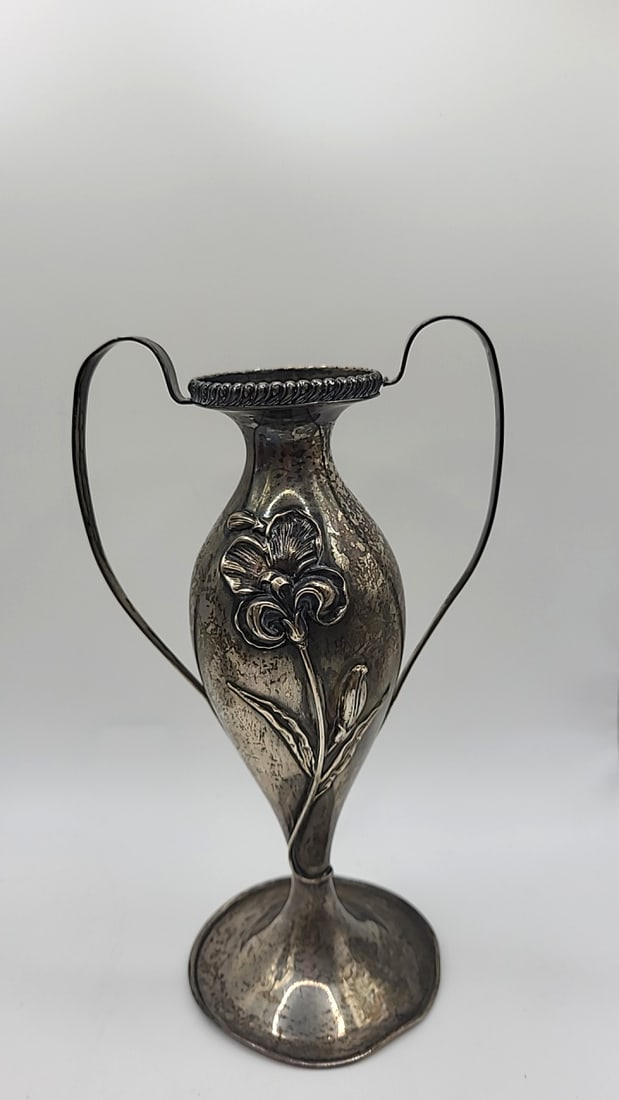 Pair Of Sterling Silver Art Nouveau Two-handle Bud Vases With Floral Relief. 366g - 2