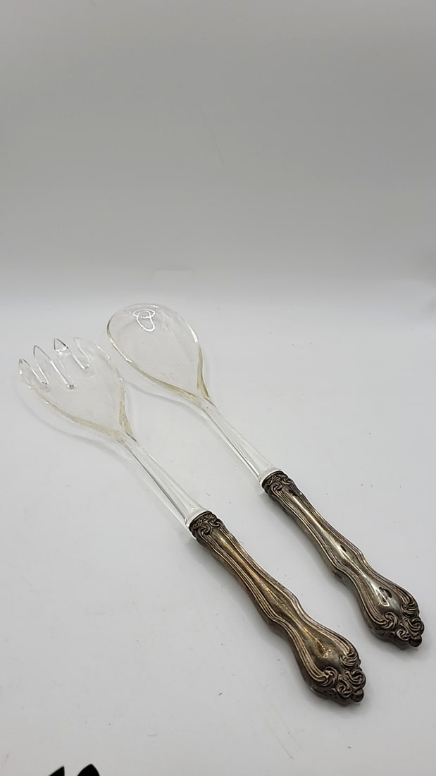 Vintage Westmoreland George And Martha Sterling Silver And Lucite Salad Serving Set. - 2