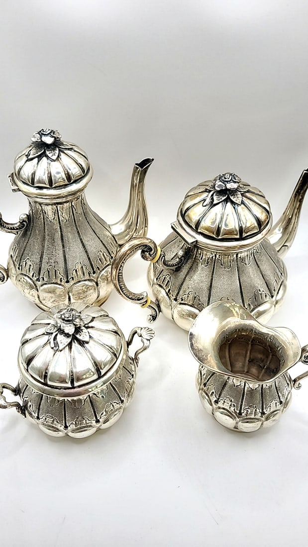 4-piece 800 Silver Tea Coffee Service Set With Floral Finials - 2