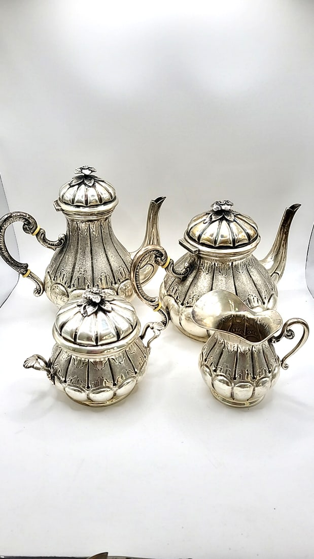 4-piece 800 Silver Tea Coffee Service Set With Floral Finials - 3