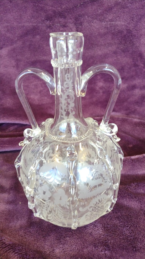 Boule Hollandaise Hand Blown Etched Decanter Dutch Antique: 6. 8 x 8. 4 x 4. 8 2. 0 lb Low Estimate: 25.00 High Estimate: 150.00