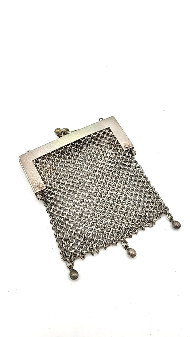 Antique German Silver Chain Mesh Coin Purse With Ball Clasp And Ball Dangles. - 2