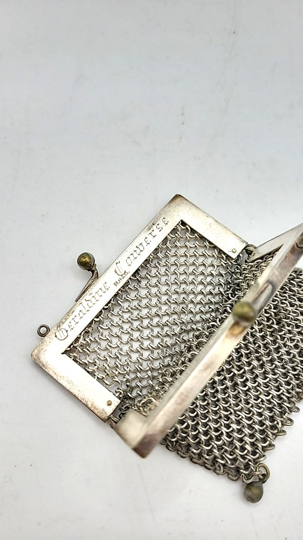 Antique German Silver Chain Mesh Coin Purse With Ball Clasp And Ball Dangles. - 3