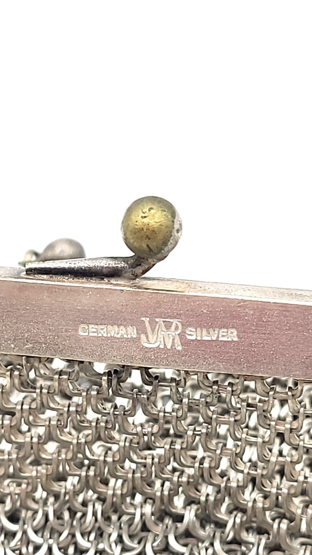 Antique German Silver Chain Mesh Coin Purse With Ball Clasp And Ball Dangles. - 5