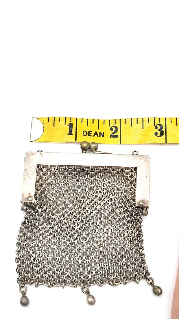 Antique German Silver Chain Mesh Coin Purse With Ball Clasp And Ball Dangles. - 6
