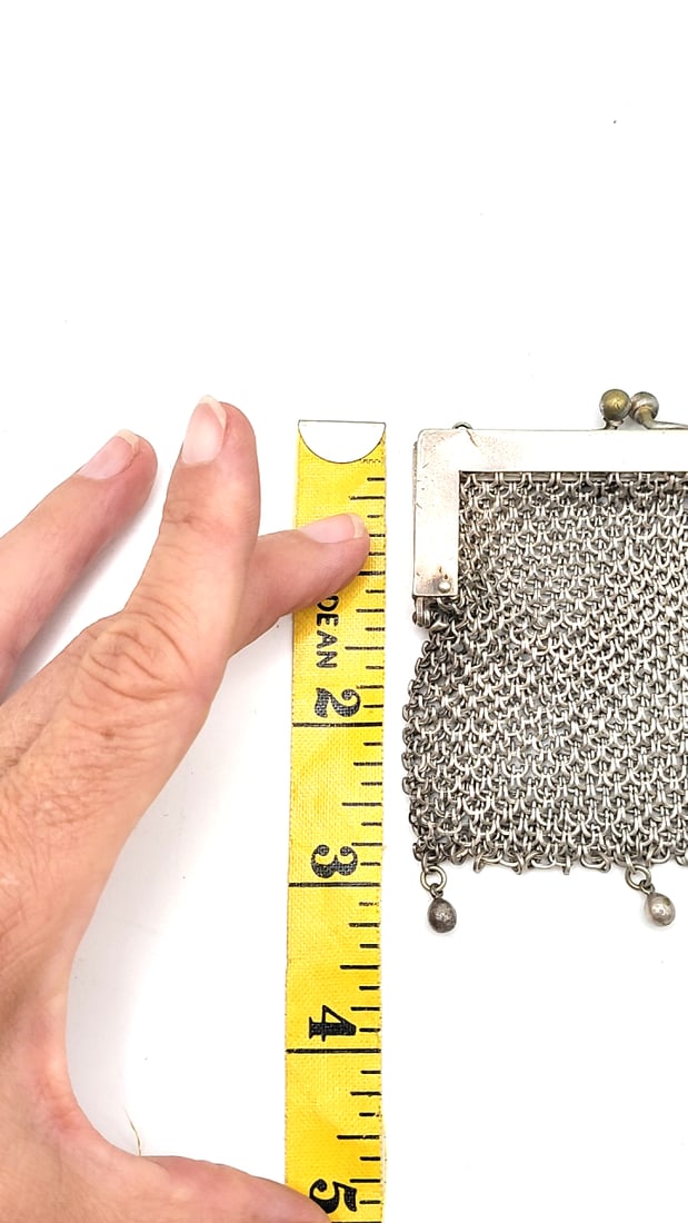 Antique German Silver Chain Mesh Coin Purse With Ball Clasp And Ball Dangles. - 7