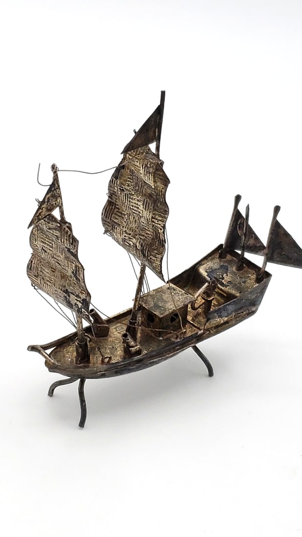White Metal Sailing Ship Sculpture With Textured Sails And Stand - 2
