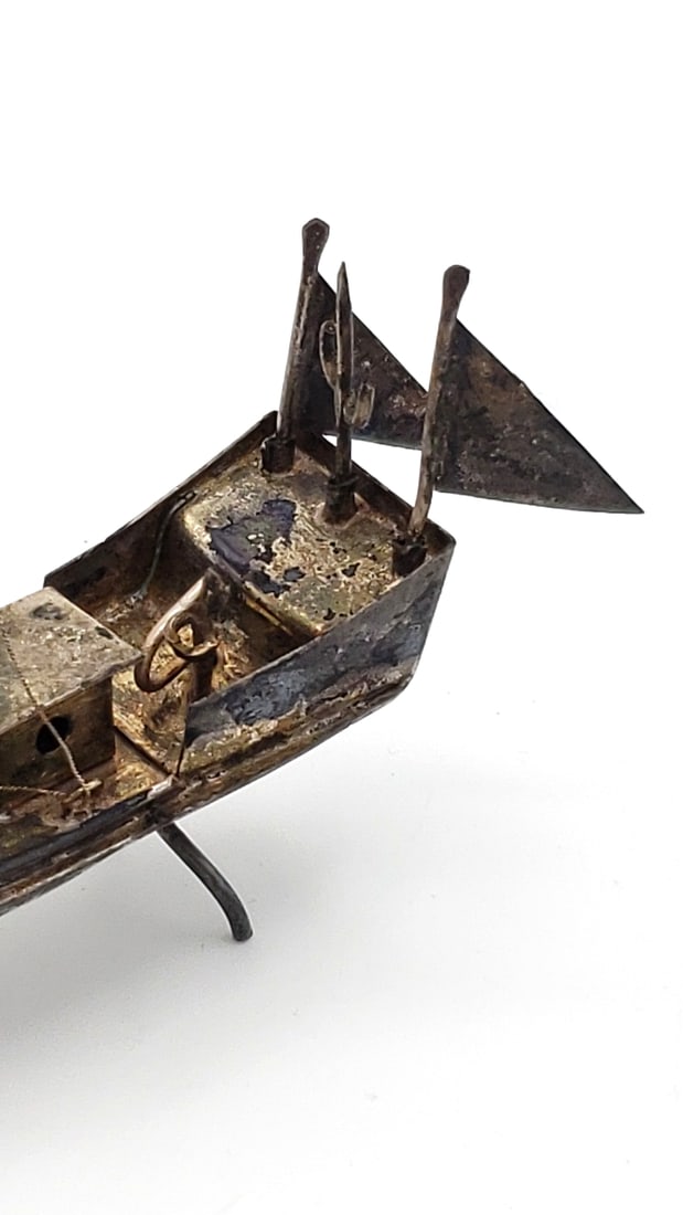 White Metal Sailing Ship Sculpture With Textured Sails And Stand - 3