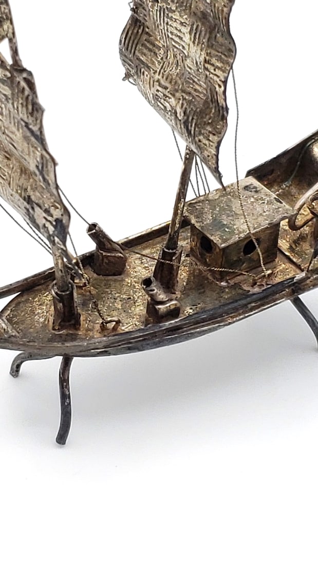 White Metal Sailing Ship Sculpture With Textured Sails And Stand - 4