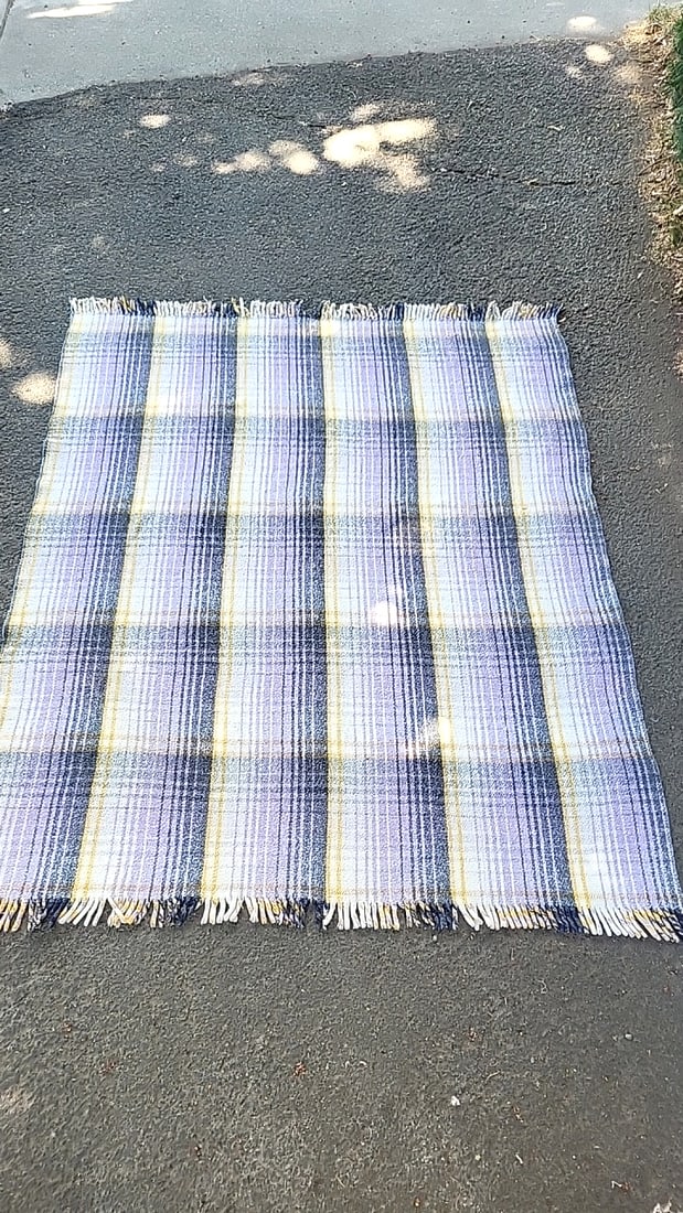 Plaid Woven Area Rug With Fringe, Blue Yellow White - 2