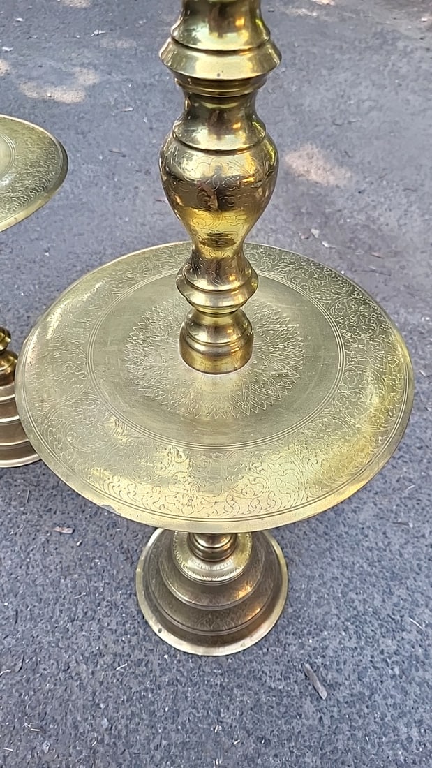 Pair Of Engraved Brass Floor Candlesticks With Round Drip Trays - 2
