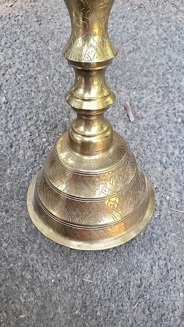 Pair Of Engraved Brass Floor Candlesticks With Round Drip Trays - 3