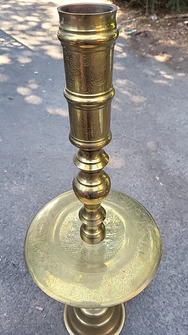 Pair Of Engraved Brass Floor Candlesticks With Round Drip Trays - 4