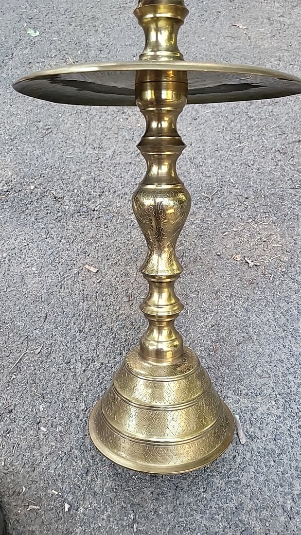 Pair Of Engraved Brass Floor Candlesticks With Round Drip Trays - 5