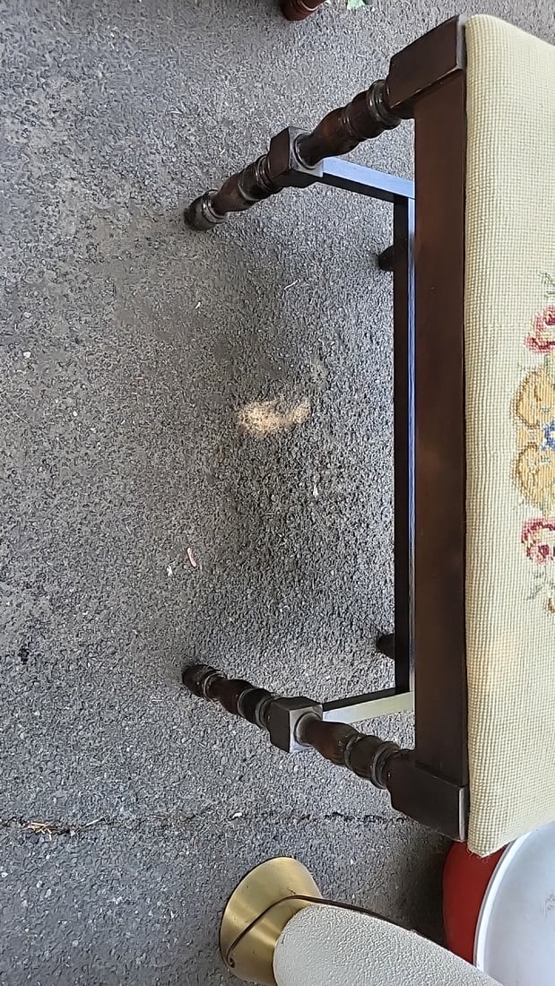 2 Needlepoint Upholstered Footstools, Floral Designs, Turned Wood Legs, Pom-pom Trim - 7