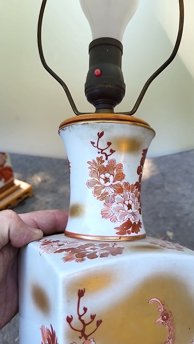 Pair Of Asian-style Porcelain Table Lamps With Peacock Floral Design And White Shades - 3