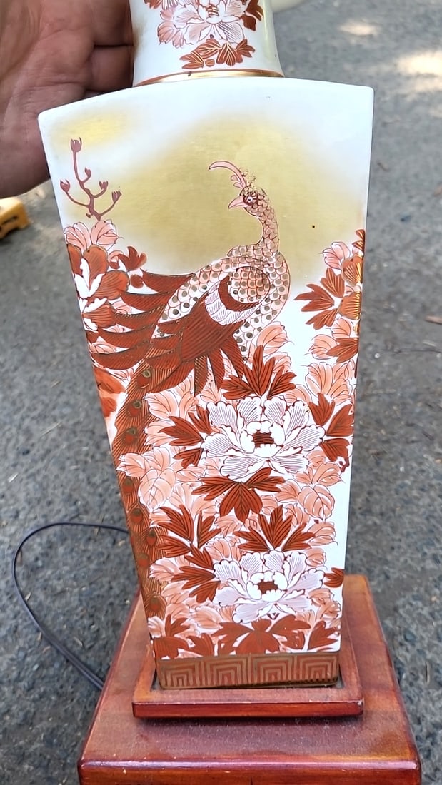Pair Of Asian-style Porcelain Table Lamps With Peacock Floral Design And White Shades - 4
