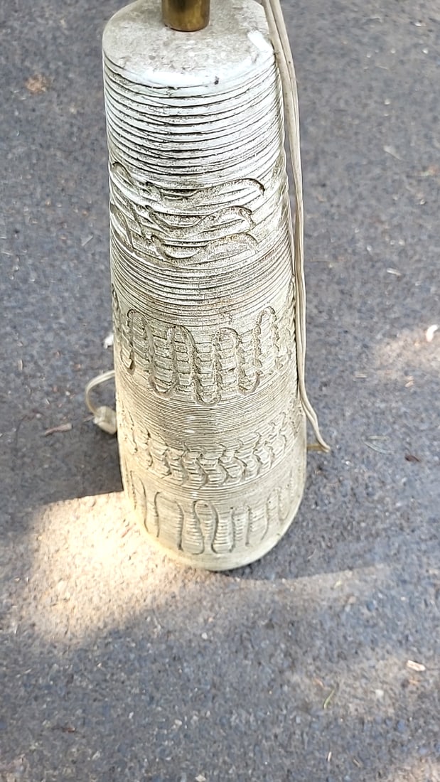 Pair Ceramic Table Lamps Textured Cream Cone Bases Brass Hardware - 2